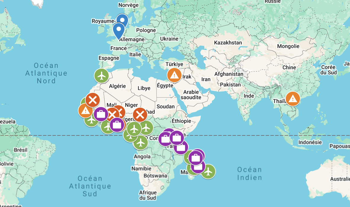 Carte des destinations desservies